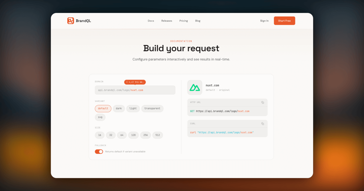 BrandQL interactive API request builder showing live logo preview and parameter configuration