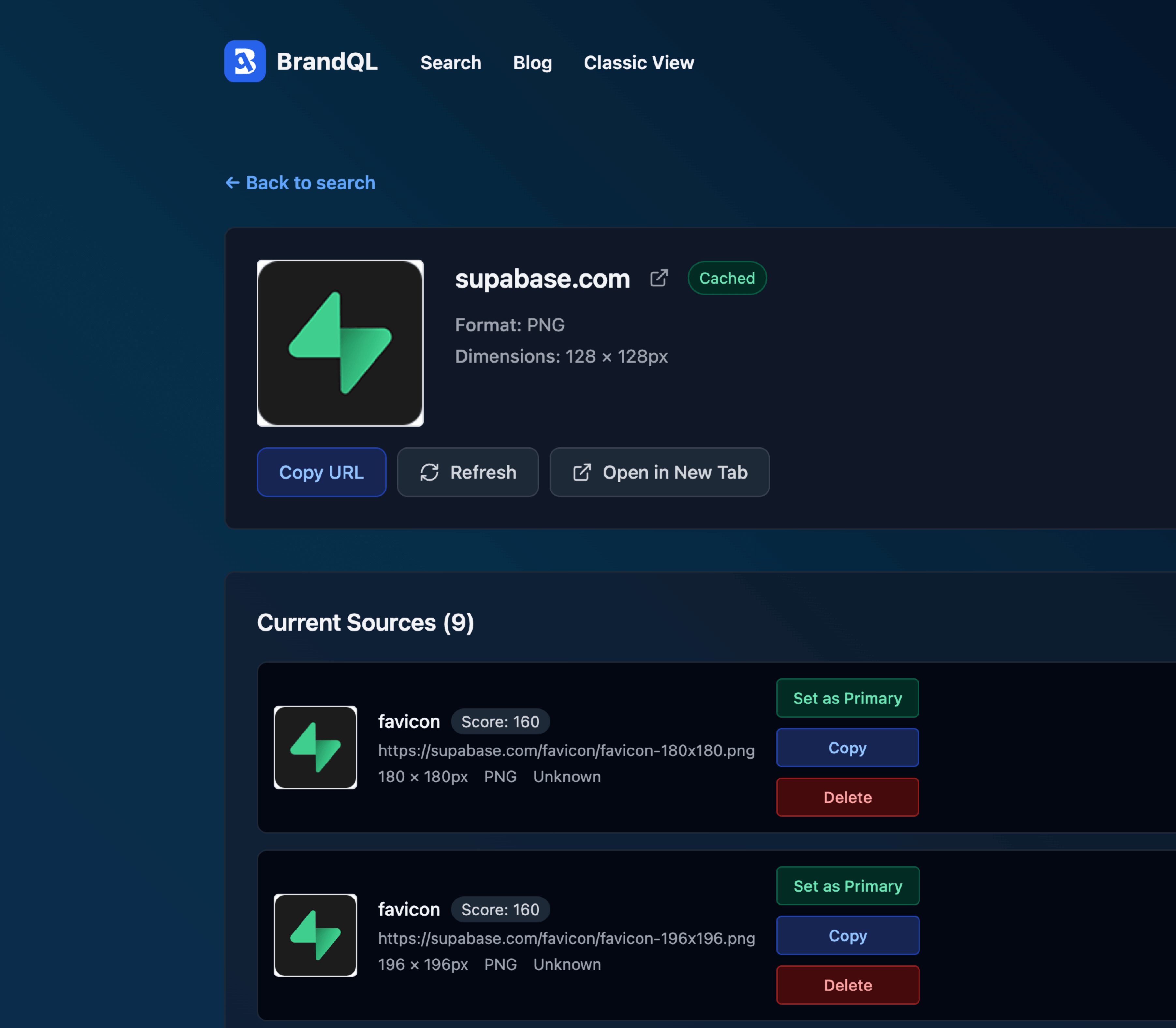 BrandQL admin dashboard showing logo sources sorted by quality score with set primary and refresh actions