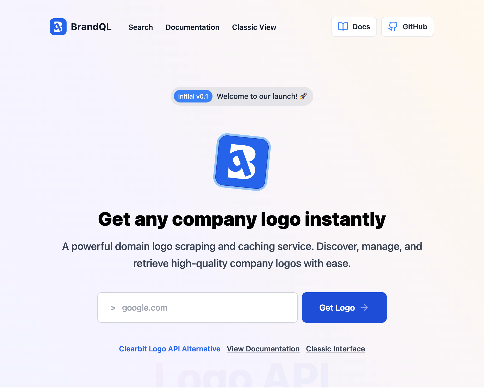 Screenshot of BrandQL MVP front-page with domain input field for fetching logos